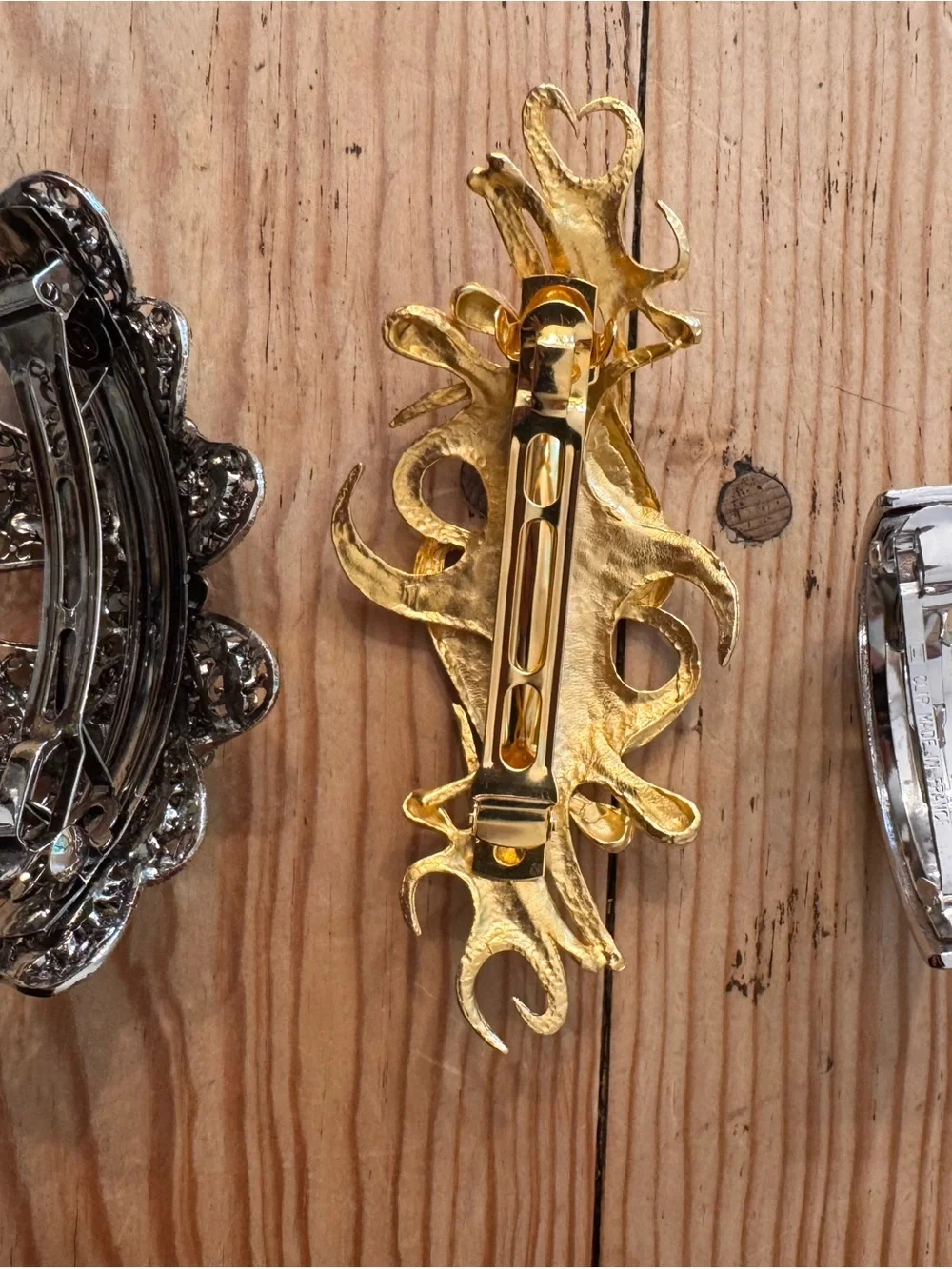 Vintage hammered Gold Dancing Sculpture, Victorian and diamond French hair clips